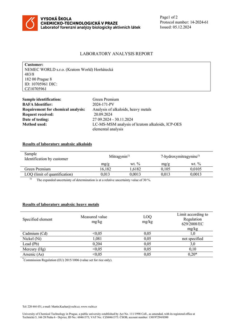kratom világ laboratóriumi vizsgálatok green premium kratom alkaloidok nehézfémek baktériumok élesztő eladás ellenőrzött