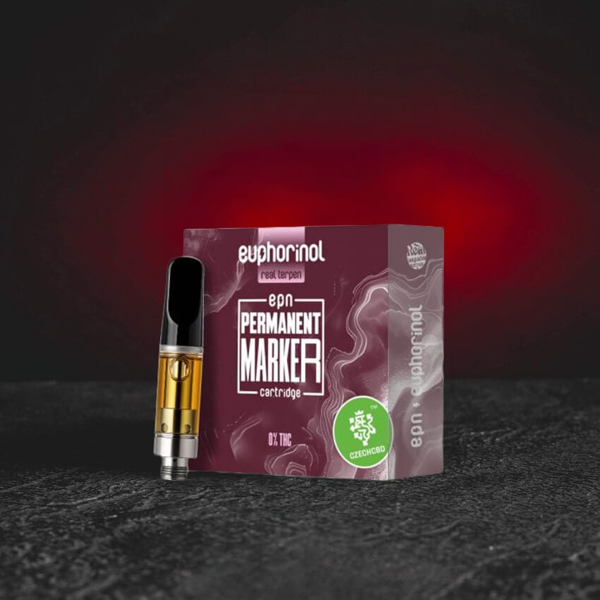 Prémium EPN cartridge 1 ml innovatív EPN kannabinoiddal, a Permanent Marker strainre hangolt aromatikus profillal, intenzív eufóriára és tiszta gondolkodásra tervezve tompítás nélkül, modern Kratom World cartridge.