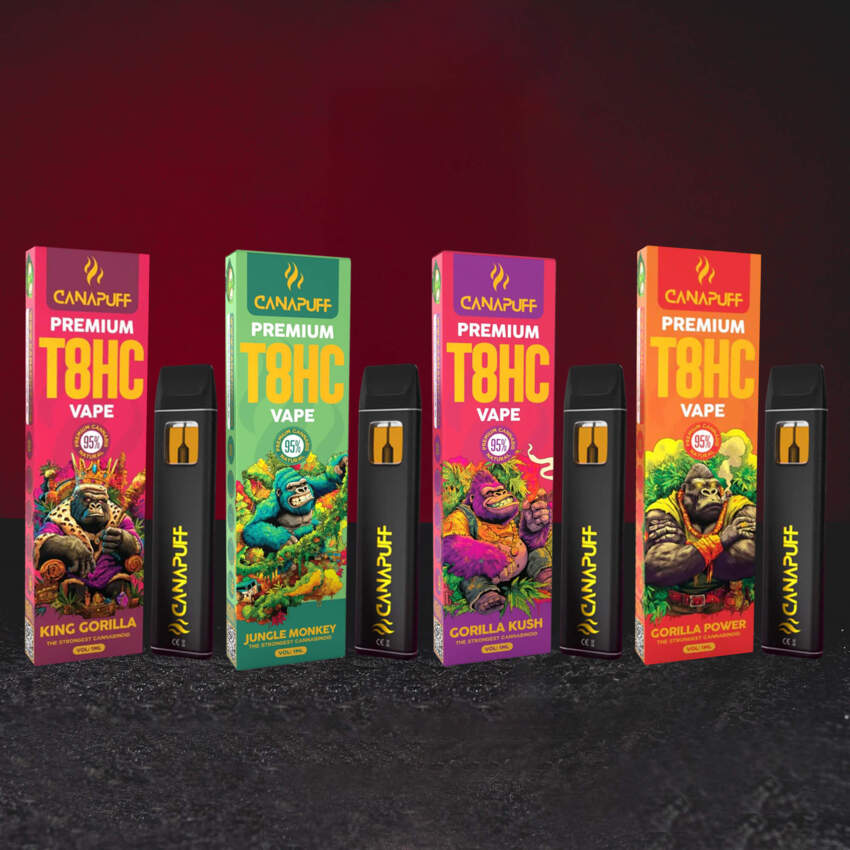 T8HC Vape 1 ml Jungle Monkey és Gorilla Kush változatok szettje, új T8HC kannabinoid, egyszer használatos vaporizátorok kiegyensúlyozott eufória és relaxáció profillal, Kratom World teljes kínálata