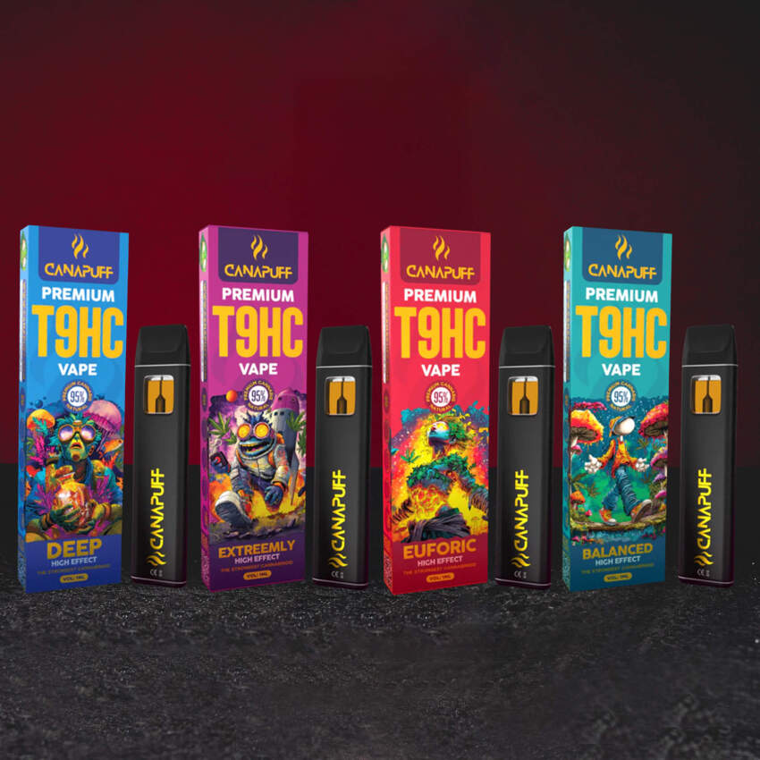T9HC Vape 95% 1 ml Extreemly és Euforic változatok szettje, új T9HC kannabinoid típus, egyszer használatos vaporizátorok magas koncentrációval, intenzív eufória és ellazulás, Kratom World teljes kínálata