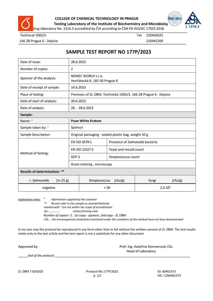 kratom világ laboratóriumi vizsgálatok puan white kratom alkaloidok nehézfémek baktériumok élesztő eladás ellenőrzött