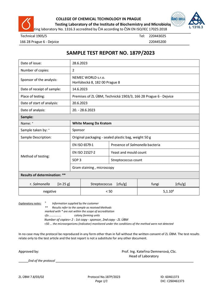 kratom világ laboratóriumi vizsgálatok white maeng da kratom alkaloidok nehézfémek baktériumok élesztő eladás ellenőrzött