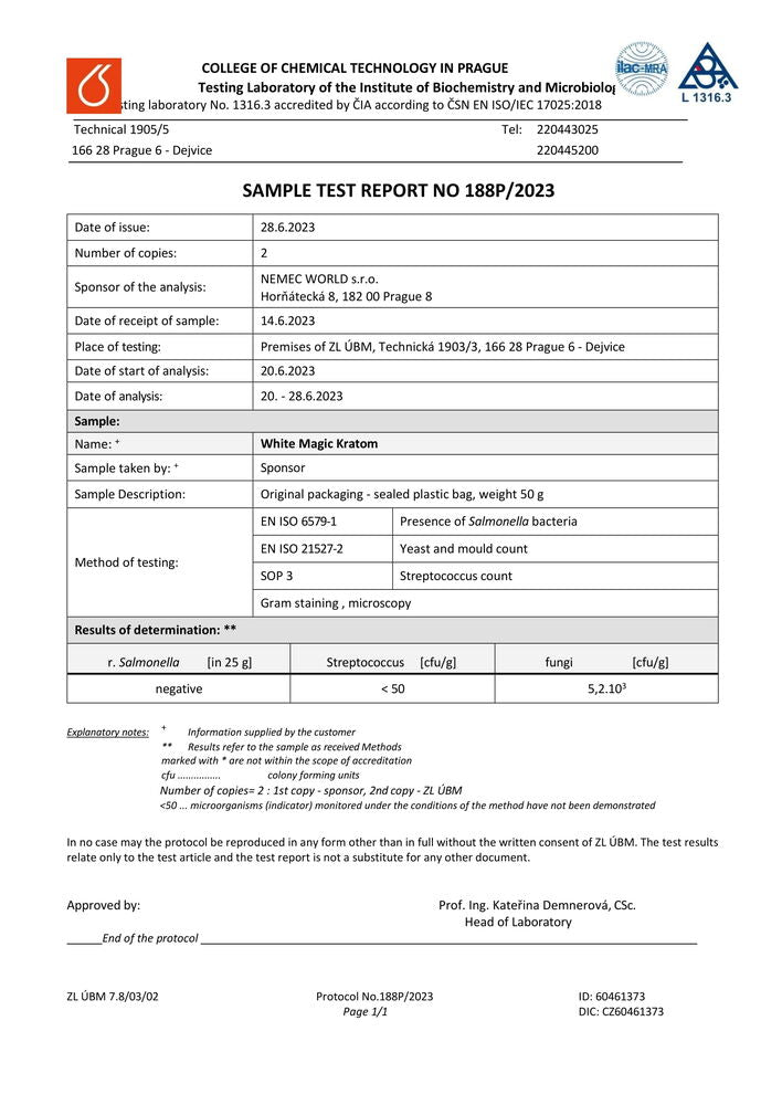 kratom világ laboratóriumi vizsgálatok white magic kratom alkaloidok nehézfémek baktériumok élesztő eladás ellenőrzött